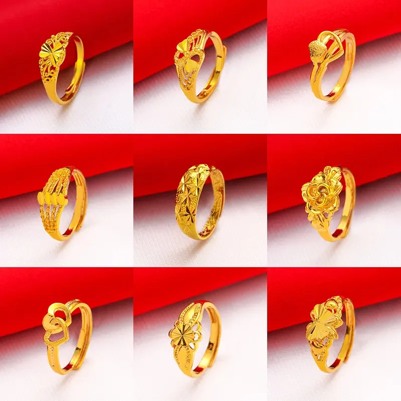 Cincin warna Emas 24K Model Bunga Mawar Adjustable Untuk Wanita