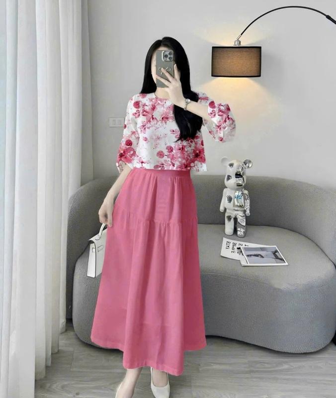 Set Váy Nữ Đầm Nữ Trung Niên Set Áo Và Chân Váy Áo Tay Lửng dobo inhoa 3d Mã F10