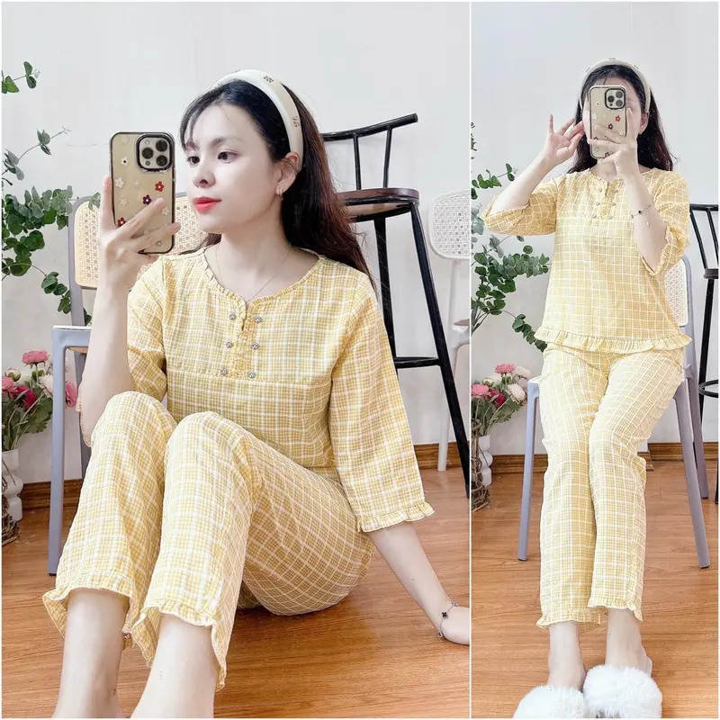 Bộ mặc nhà 6 khuy cổ nhún bèo xinh chất thô kẻ lông mềm. 7
