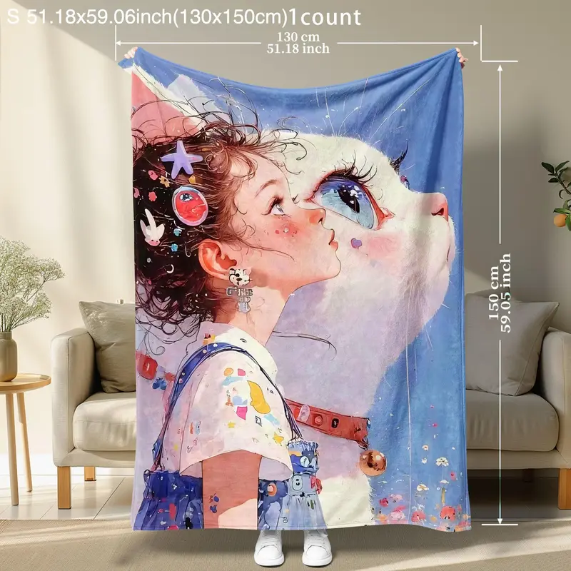 Cartoon Girl & Cat Pattern Blanket, 1/2 Counts Soft Warm Throw Blanket, Warm Nap Blanket for Home Office 2