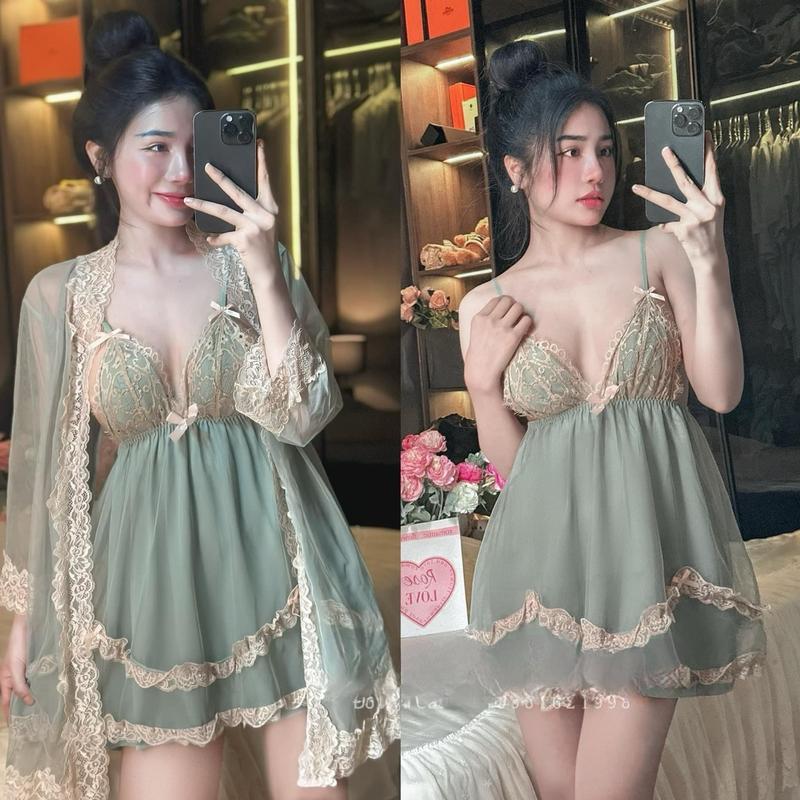  V383 - Set váy ngủ ren 2 lớp kèm choàng ren mềm Nữ  Voan Dress ren áo choàng hồng cam áo choàng tắm & áo choàng 