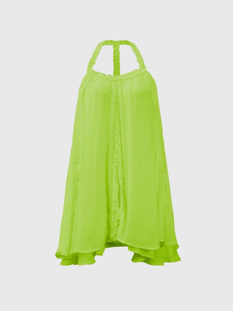 Product Introduction of Women's Solid Color Frill Trim Halter Neck Layered Dress, Loose Casual Comfy Backless Sleeveless Short Dress for Summer, Ladies Clothes for Daily Wear 9