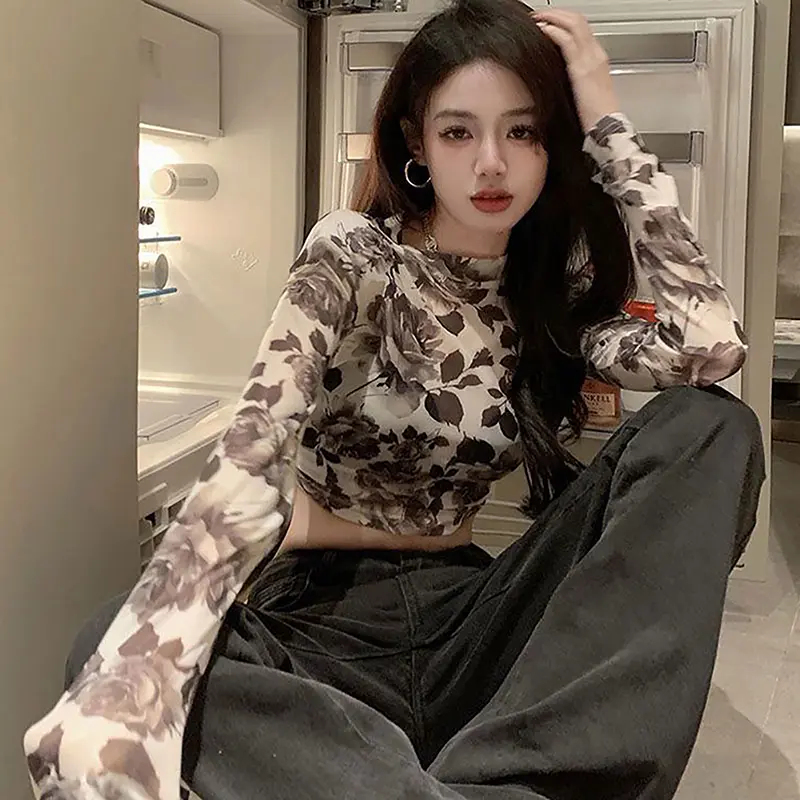Áo Thun Dài Tay Cổ Tròn Cho Nữ, Áo Crop Top Mỏng, Retro, Hoa, Mùa Xuân