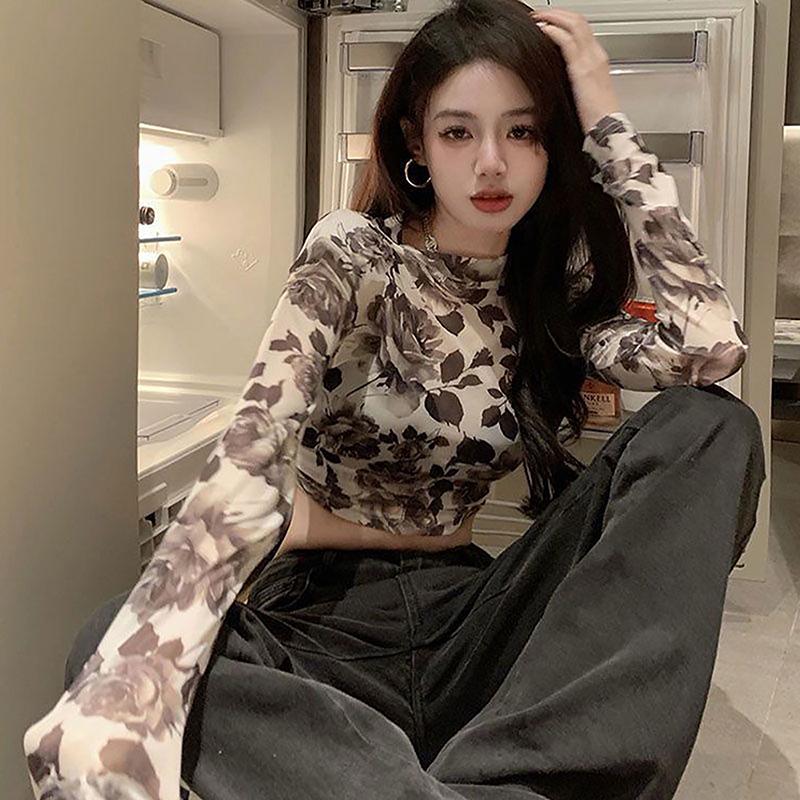 Áo Thun Dài Tay Cổ Tròn Cho Nữ, Áo Crop Top Mỏng, Retro, Hoa, Mùa Xuân 0