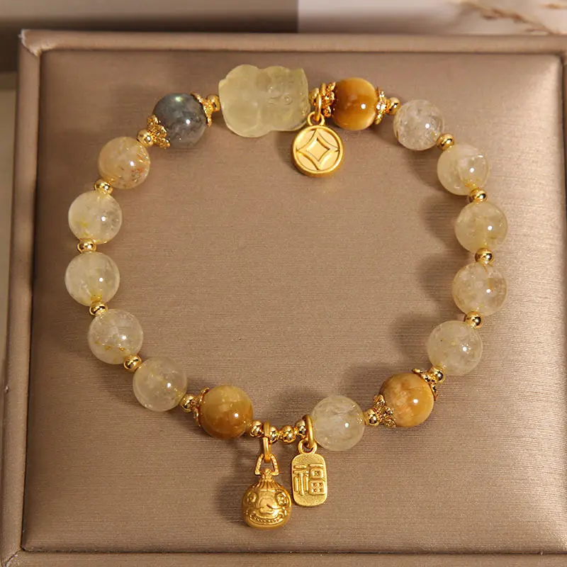 Authentic Natural Gold Rutilated Quartz Crystal Moonstone Bracelet, Female Swallowing Gold Beast Rutile Yellow Hair Crystal Bracelet, Send Girlfriend Girlfriends' Gift
