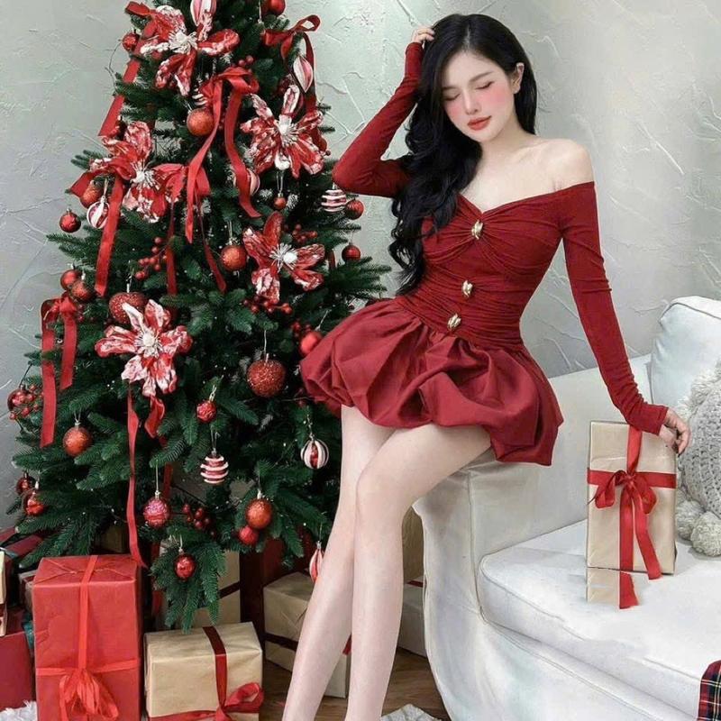 Váy Thiết Kế - Váy Thun Dài Tay Nhún Chân Váy Tafta Bồng DA Đầm Nữ