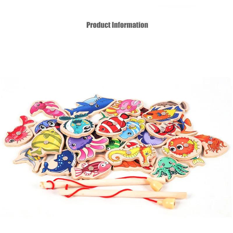 Product Introduction of Wooden Fishing Game Cartoon Marine Life Cognition Fish Rod Magnetic Toys for Children Early Educational Parent-child Interactive 12
