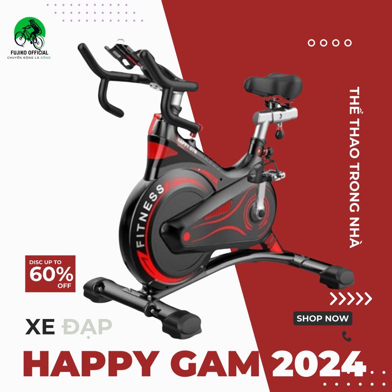 Xe đạp tập thể dục FUJIKO model Happy Gam 2024 bánh đà kháng từ kèm đồng hồ đo nhịp tim
