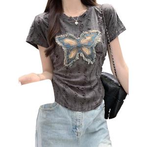 เสื้อยืดแขนสั้นสะพายไหล่ ผีเสื้อสีเทา สำหรับผู้หญิง ฤดูร้อน 2024 ดีไซน์ใหม่ ดีไซน์เก๋ไก๋ เอวแน่น ทรงสลิมฟิต เสื้อสั้น Clothing Women Tshirt Lady