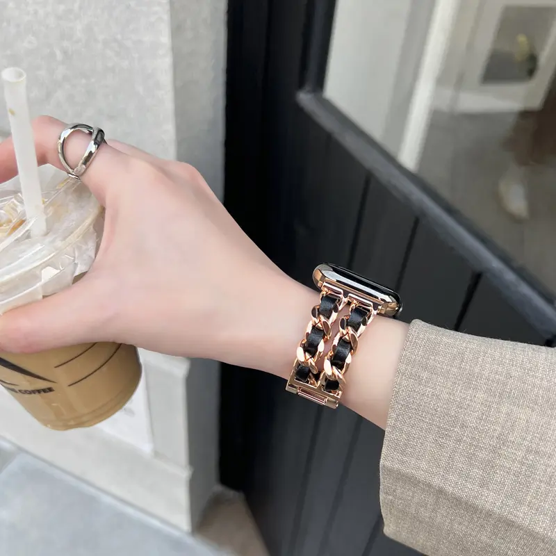 Dây Đeo Bằng Da Kim Loại Sang Trọng Cho Apple Watch, Dây Đeo 49Mm, 41Mm, 45Mm, 38Mm, 42Mm, 44Mm, 40Mm, Vòng Tay Nữ Cho IWatch Ultra 8 7 SE 6 5 4 Cao Su Smartwatch 2
