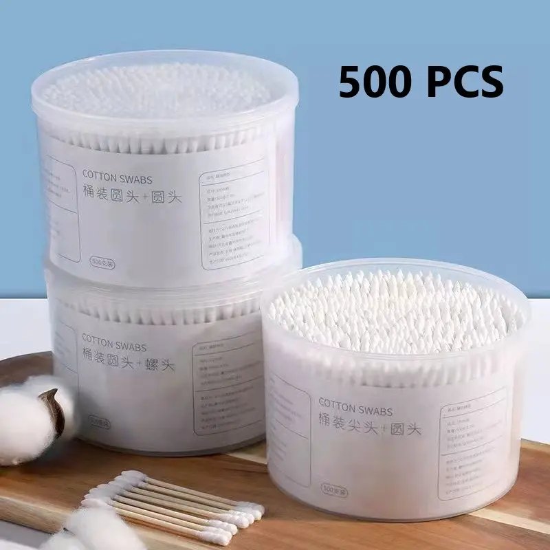 Hộp 500 Tăm Bông Thân Gỗ Tre Ngoáy Tai Người Lớn 2 Đầu Vệ Sinh Tai Đa Năng An Toàn Tiện Lợi - Hộp Tròn 2