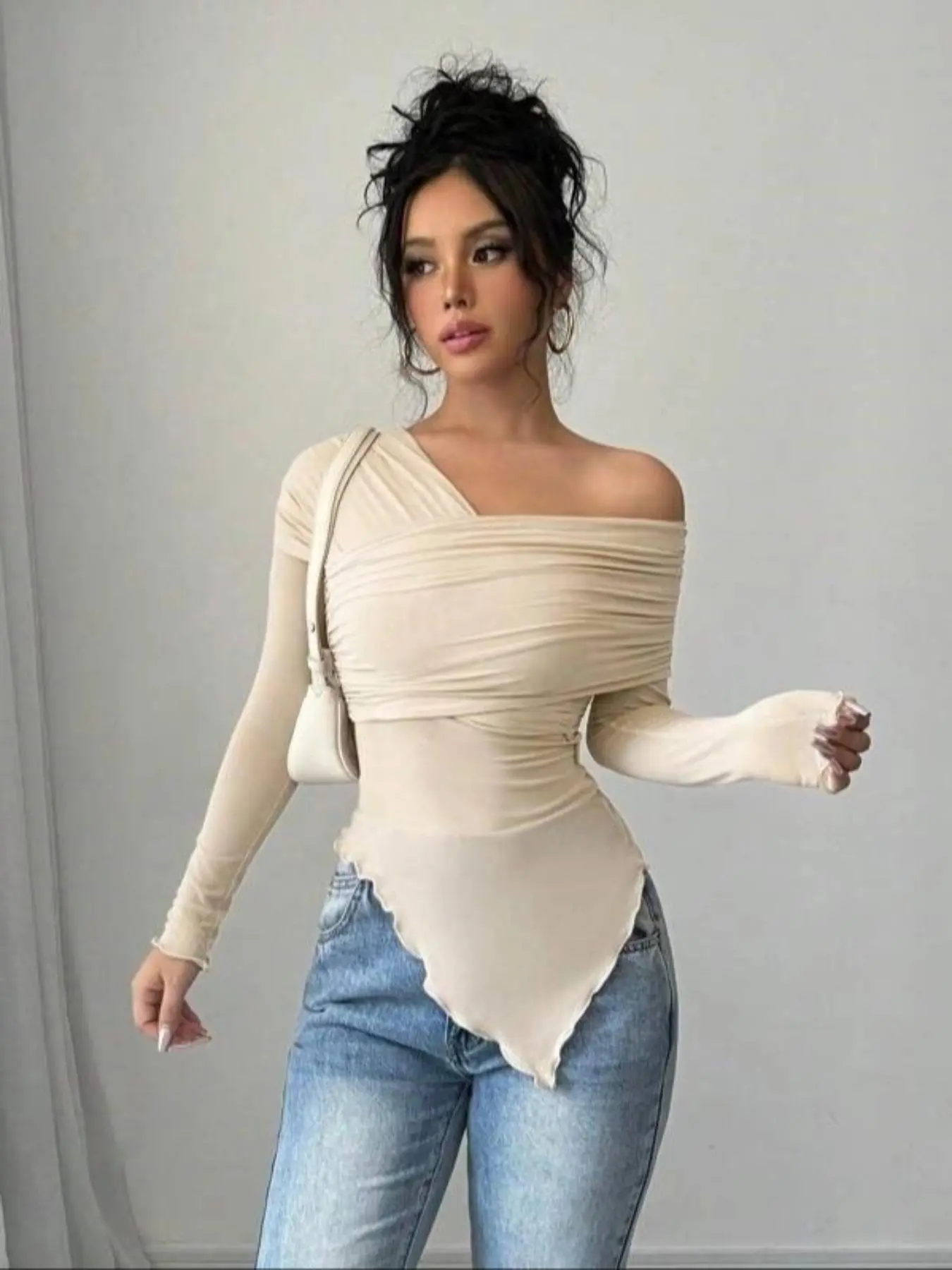 Women's Plain Asymmetrical Hem Lettuce Trim Tee, Casual Elegant Long Sleeve T-shirt for Spring & Fall, Women's Clothing for Daily Wear