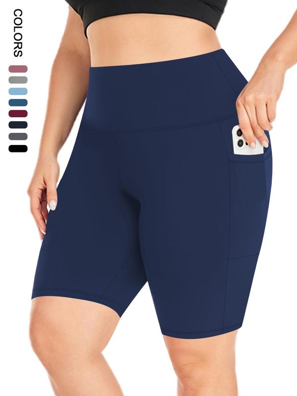 【Plus Size】 Plain High Waist Pocket Design Skinny Shorts, Casual Comfy Breathable High Stretch Seamless Shorts for Daily Outdoor Sport, Gym Wear, Shorts for Women, Workout Clothes 5