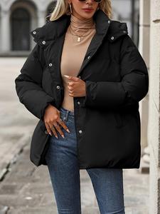 Women's Solid Color Button Front Drop Shoulder Hooded Winter Coat, Fashion Casual Pocket Design Warm Long Sleeve Outerwear for Daily Wear, Women Clothing for Winter