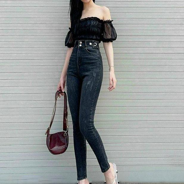 Quần jeans nữ dài lưng cao dáng ôm gọn vải mềm co giãn thoải mái 624 