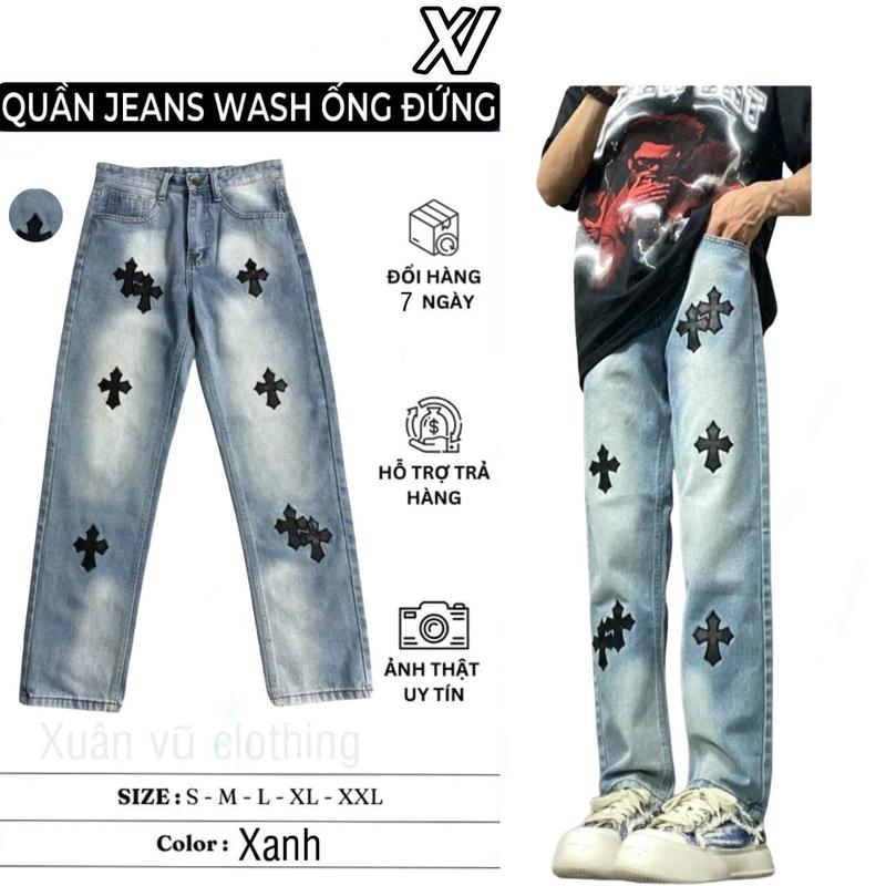 GIÁ ĐỘC QUYỀN QC Quần suông ống rộng jean chữ thập thêu da cao cấp và jean rách Menswear Pants Có Túi Lưng Cao Ong regular fit jeans