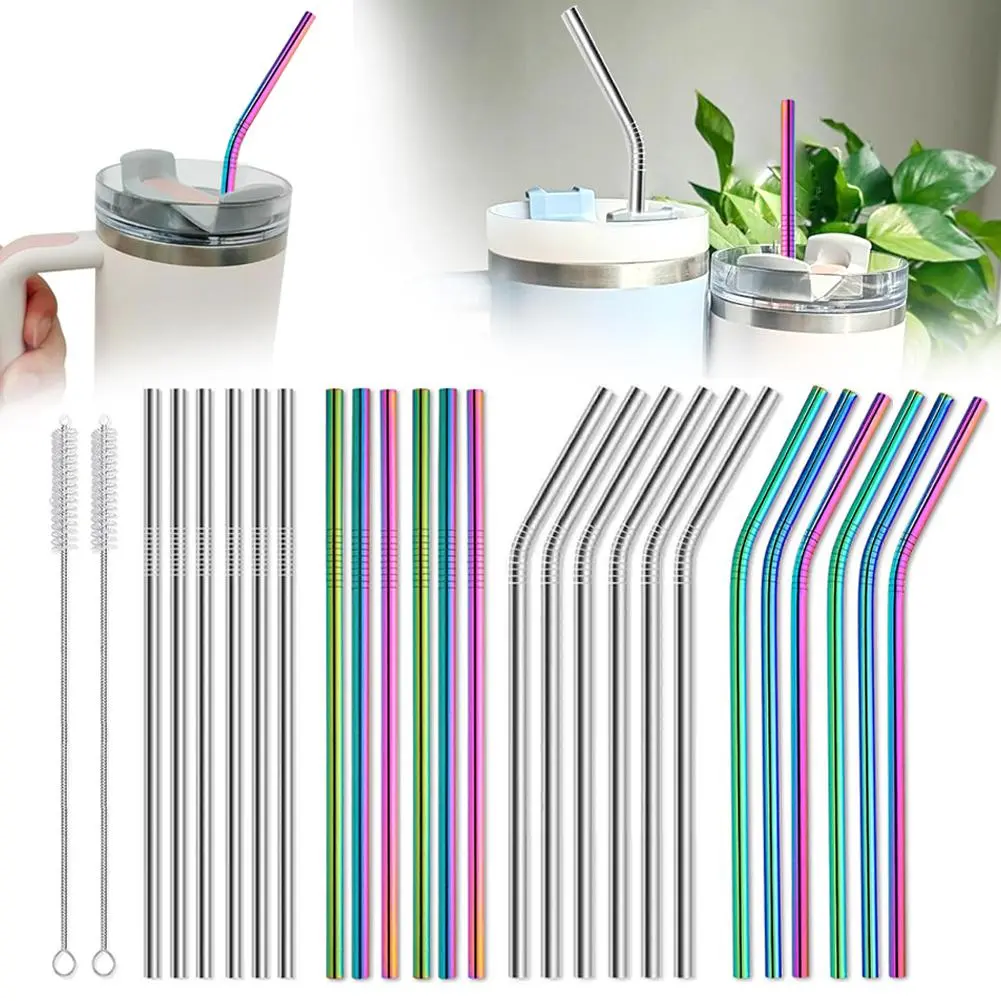 6Pcs/Set 25cm 304 Stainless Steel Straw Reusable Metal Drinking Straws Set With 2pcs Cleaning