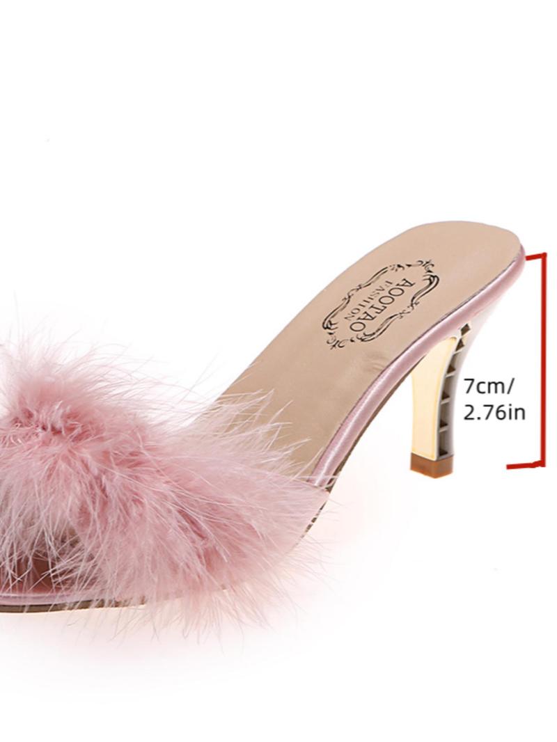 Product Introduction of Women's Fashionable Solid Color Fluffy Trim Heeled Sandals, Casual Versatile Mule Sandals for Daily Wear, Lightweight Breathable Comfortable Shoes for Women & Girls 2