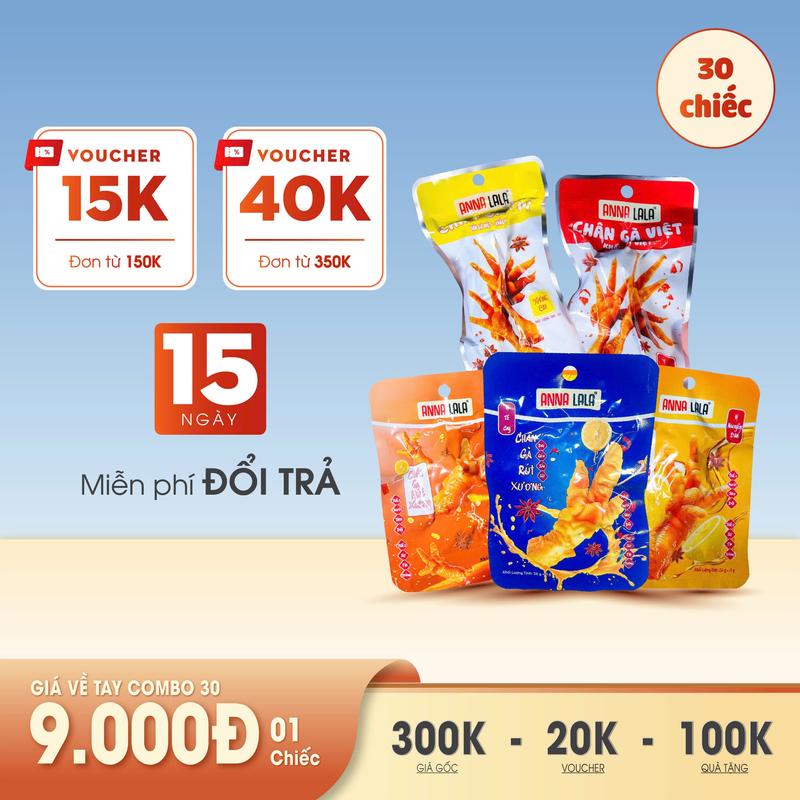 Combo 30 chiếc chân gà rút xương AnnaLaLa , có xương cay, không cay thơm ngon, dai giòn sần sật Vị Chua Cay Ăn Vặt Snack Food Bột