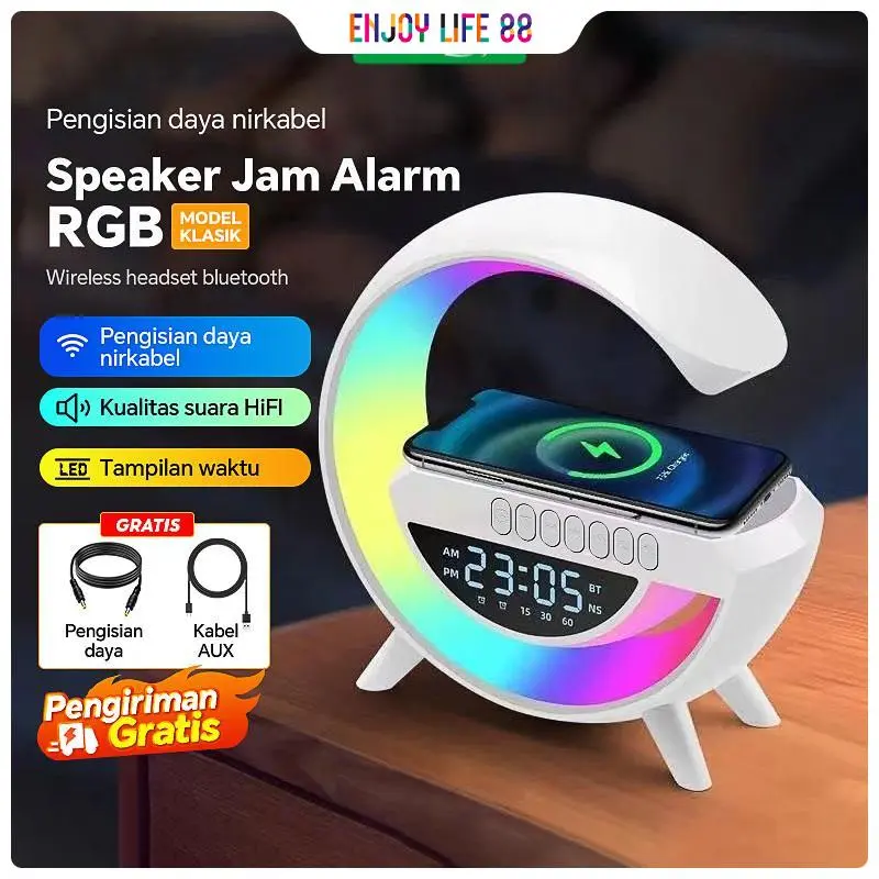 Cantiklife Mall Speaker Bluetooth 15W Pengisian Nirkabel LED Lampu Bass Tinggi Tampilan Waktu Pintar Fungsionalitas Modis