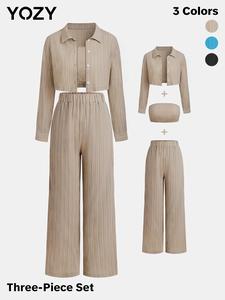 YOZY Women's Solid Textured Tube Top & Button Front Crop Shirt & Wide Leg Pants Three-Piece Set, Casual Fashion Three-piece Outfits for Daily Wear, Ladies Clothes for All Seasons, Tummy Flattering