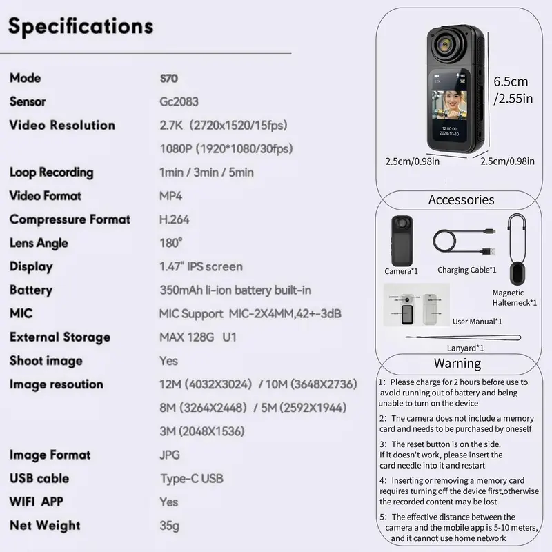 Portable Sports Camera, 1 Count 2.7K Outdoor Wearable Action Camera with 180° Rotation Lens & 1.45'' Color Display, Camera for Outdoor Cycling 1