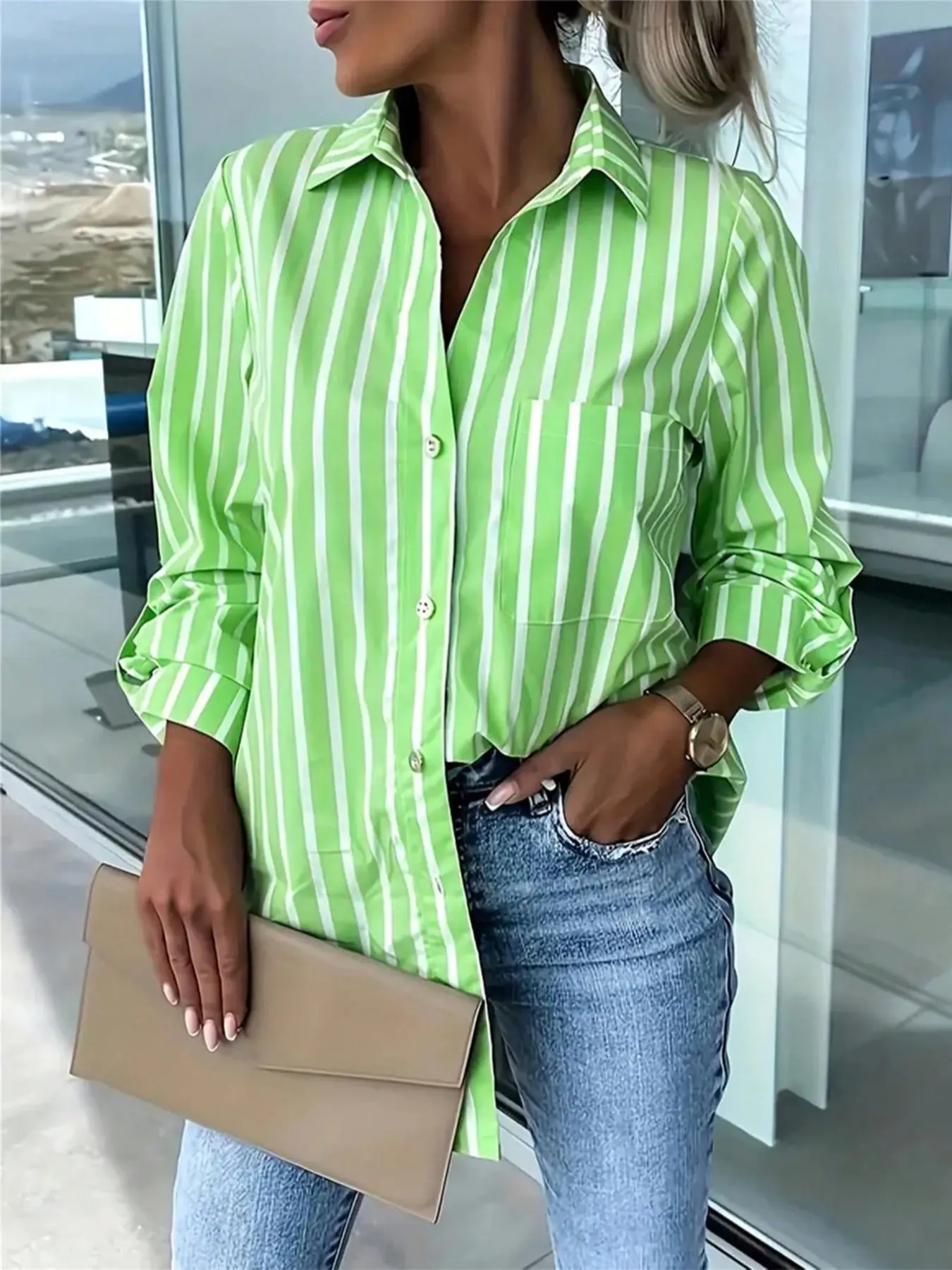 Women's Striped Print Button Front Shirt, Casual Long Sleeve Pocket Top for Fall & Winter, Women's Clothes for Daily Wear