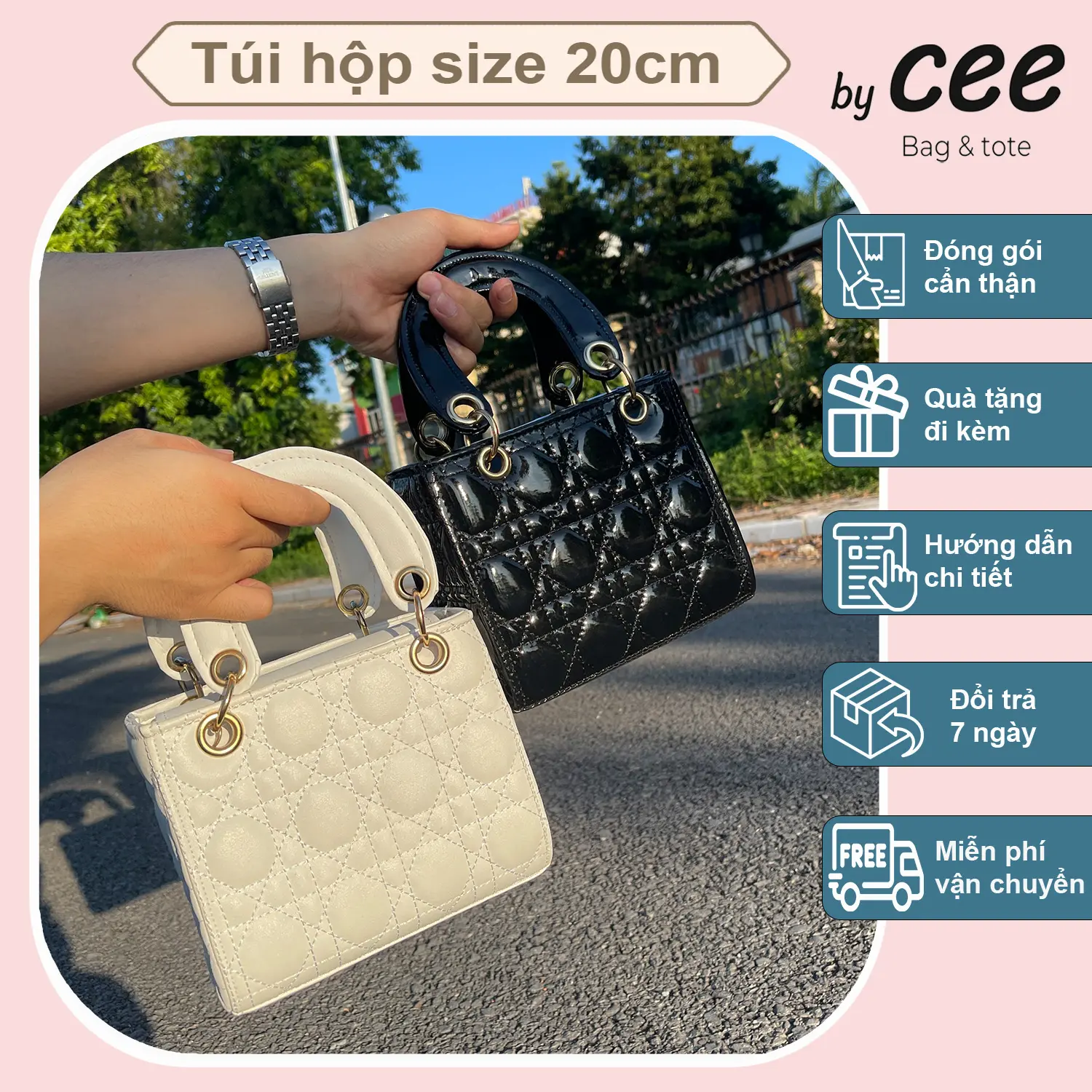 Túi hộp nữ dáng vuông da bóng 20cm, túi mini da bóng da lì 15cm