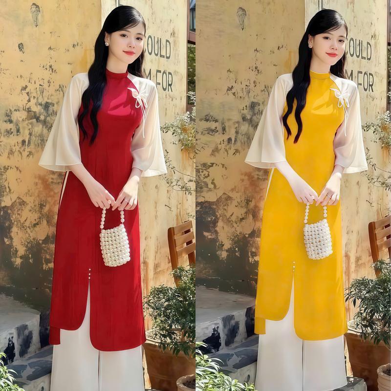 Set áo dài lụa thiết kế tay lở cổ tròn đính nơ tà kiểu đóng cườm phối quần ống suông tôn dáng, dễ thương, sang trọng, thanh lịch dành cho các nàng đi tiệc, đi lễ hội, đi chùa, chụp ảnh tết Women