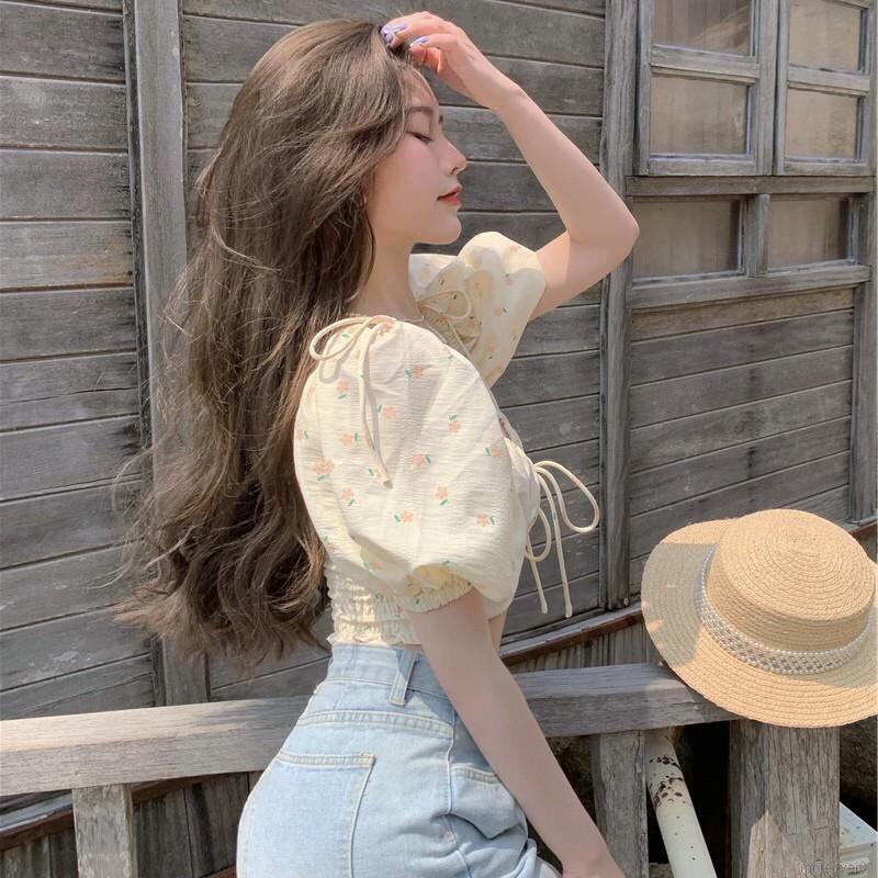 Áo Croptop Nữ Tachaastin Cổ tim. Phong Cách Tiểu Thư inHoa Nhí Đáng Yêu. Tay Bồng. Chất Vải Xốp Mềm Phối Dây Nơ Đáng Yêu. Bo Chun Toàn Bộ Phần Lưng. Nữ Women  Sơ Mi 8
