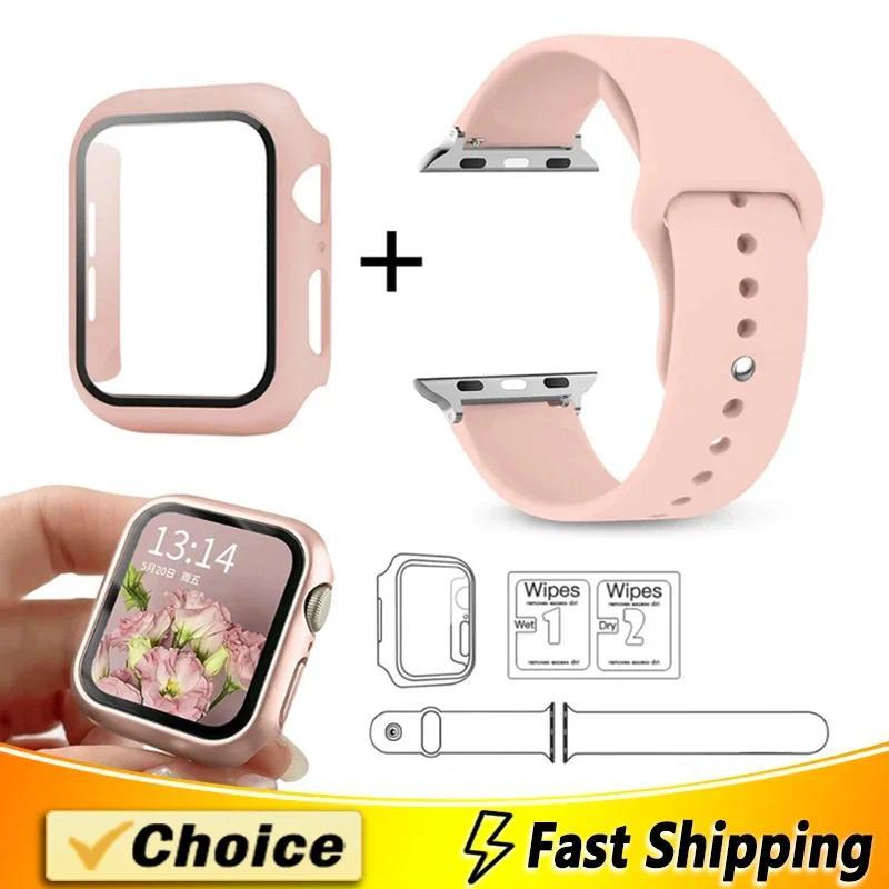 กระจก+เคส+สายสำหรับสายนาฬิกา For Apple Watch ขนาด 42mm 44mm 41mm 40mm 38mm 45mm 49mm ฟิล์มกันรอยสำหร