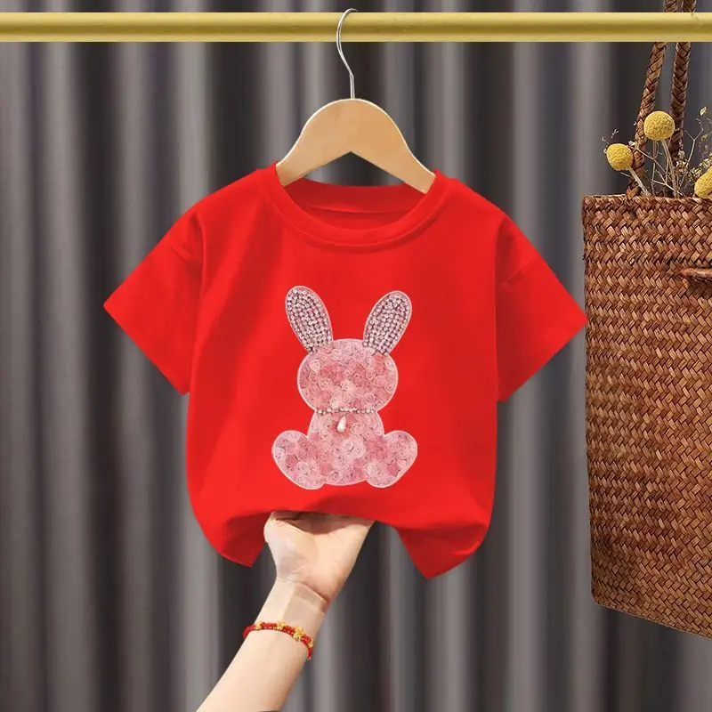 100% Cotton Girls' Short-Sleeved Red Rabbit T-shirt Summer Clothes 2025 New Small and Older Children's Short Sleeve Tops Children's Clothing Baby's Shirt