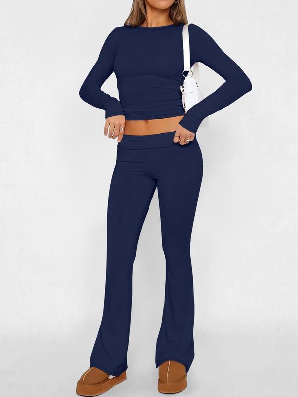 Two-piece Set Women's Solid Long Sleeve Crop Top & Flare Leg Pants, Casual Fashion Cozy Round Neck Top & Bell Bottom Trousers for Daily Outdoor Wear, Women's Lounge Clothing for Summer, Two Piece Set Women 2