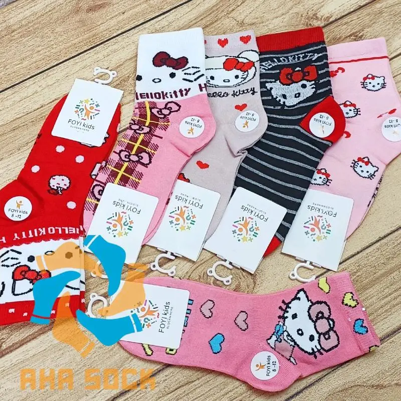 4 PASANG Kaos Kaki Anak Perempuan Ukuran PAUD & TK Motif Hello Kitty Bahan Katun Premium Fashion