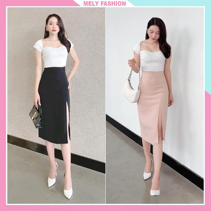 Chân váy nữ dáng suông dài qua gối có xẻ tà chất tuyết mưa phong cách cá tính trẻ trung năng động màu đen be Mely Fashion CV23