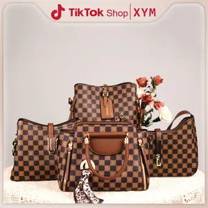 Koleksi Tas Kotak-Kotak 2025 | Coklat & Khaki, 4 Model Tas (Selempang, Handheld, & Selempang Panjang)! Kapasitas Besar untuk Wanita Karir & Elegan Cewek，COD | XYM  Kulit