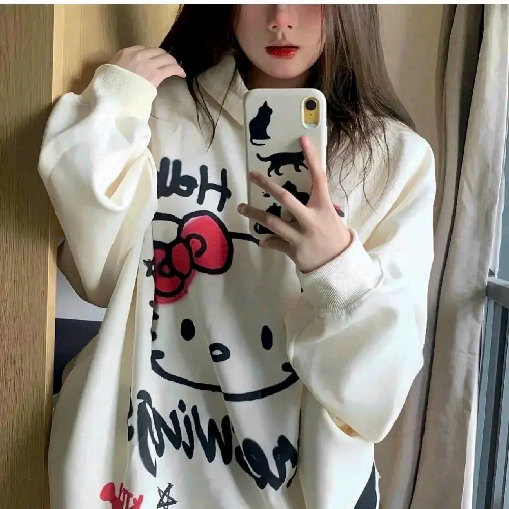 áo khoác nữ, áo chống nắng, hoodie form rộng, in hình mèo hello kitty, có khóa, không khóa