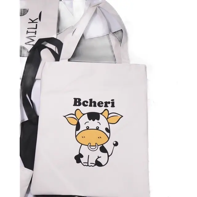 Túi tote Pilu vải thô hoạ tiết bò sữa đeo vai có khoá miệng phong cách Hàn Quốc cho nữ - Bag