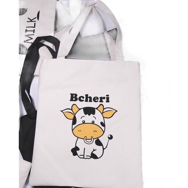 Túi tote Pilu vải thô hoạ tiết bò sữa đeo vai có khoá miệng phong cách Hàn Quốc cho nữ - Bag 0