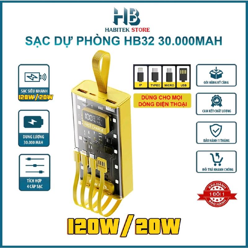 Sạc Dự Phòng HB32 30.000MAH , Sạc Nhanh PD 120W/20W , Thiết Kế Trong Suốt, Tích Hợp Đèn Ngủ, Bảo Hành 6 Tháng Sạc Pin