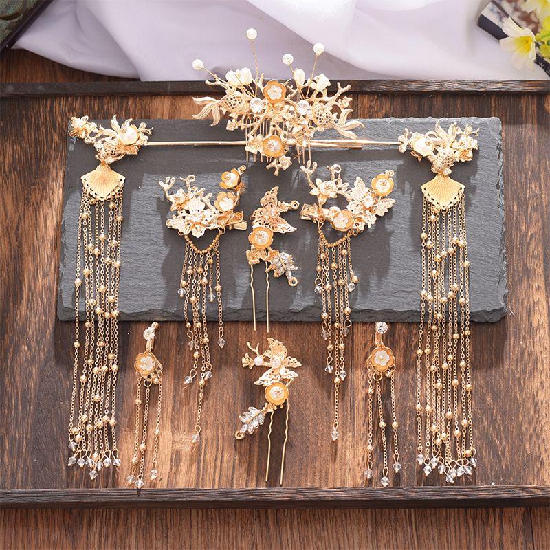 Tiên Linh Bộ cài tóc Cô Dâu Quần Áo Hán Phục Trung Quốc Phong Cách Trung Quốc Áo Choàng Rồng Và Phượng Tua Rua Phụ Kiện Tóc Cổ Thích Hợp Cho Đám Cưới Váy Cưới Truyền Thống Trung Quốc Màu Đỏ Vương Miện Phượng Hoàng Pin Nhung Voi