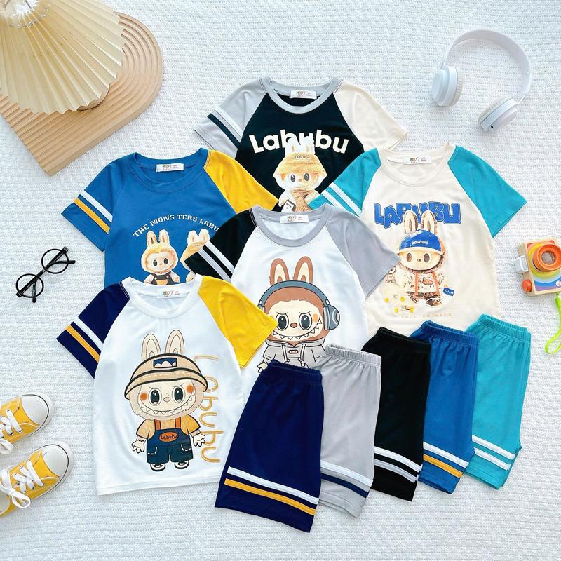 Đồ Bộ Cộc Tay LABUBU Phối Màu Cho Bé Trai  9-25Kg , Bộ Ngắn Tay Thun Lạnh Phối Sọc cho bé Đi học mặc nhà Đều Cưng