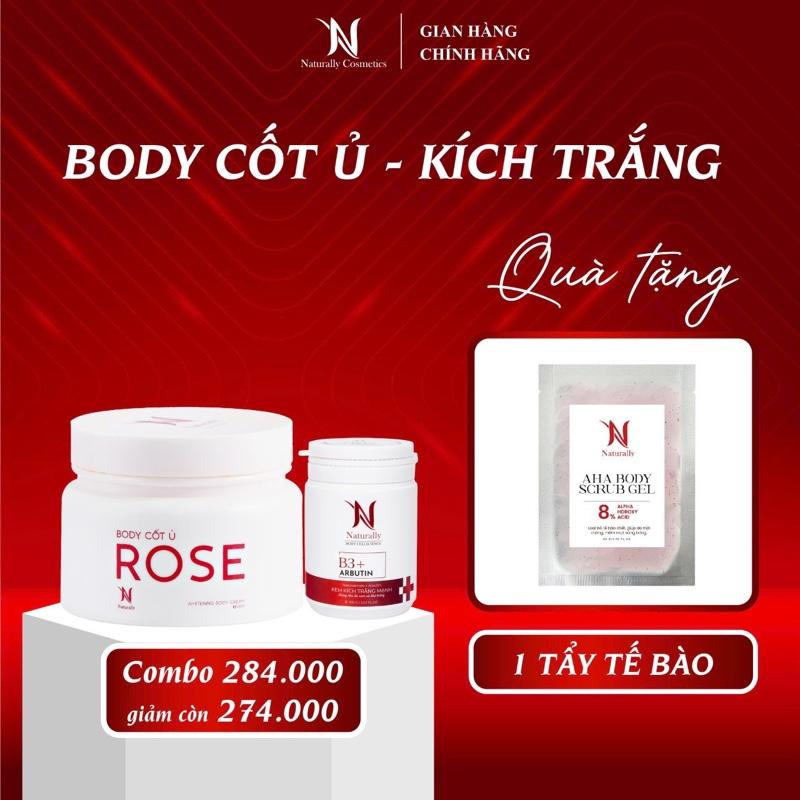Combo Kem Body Cốt Ủ Rose & Kích trắng Abutin Dành cho da ngâm chai lì khó trắng ,da lờn kem , giúp kích trắng khử thâm làm trắng điều màu da