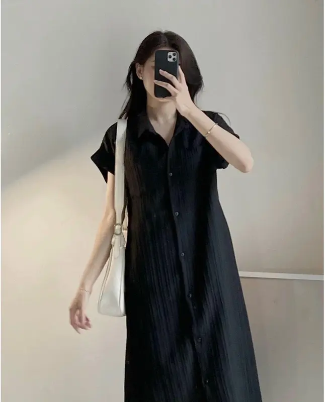 Đầm sơ mi nữ - váy suông nữ cổ cao cúc cài túi ngực vải đũi gân cao cấp Dress Đen Women Voan 2