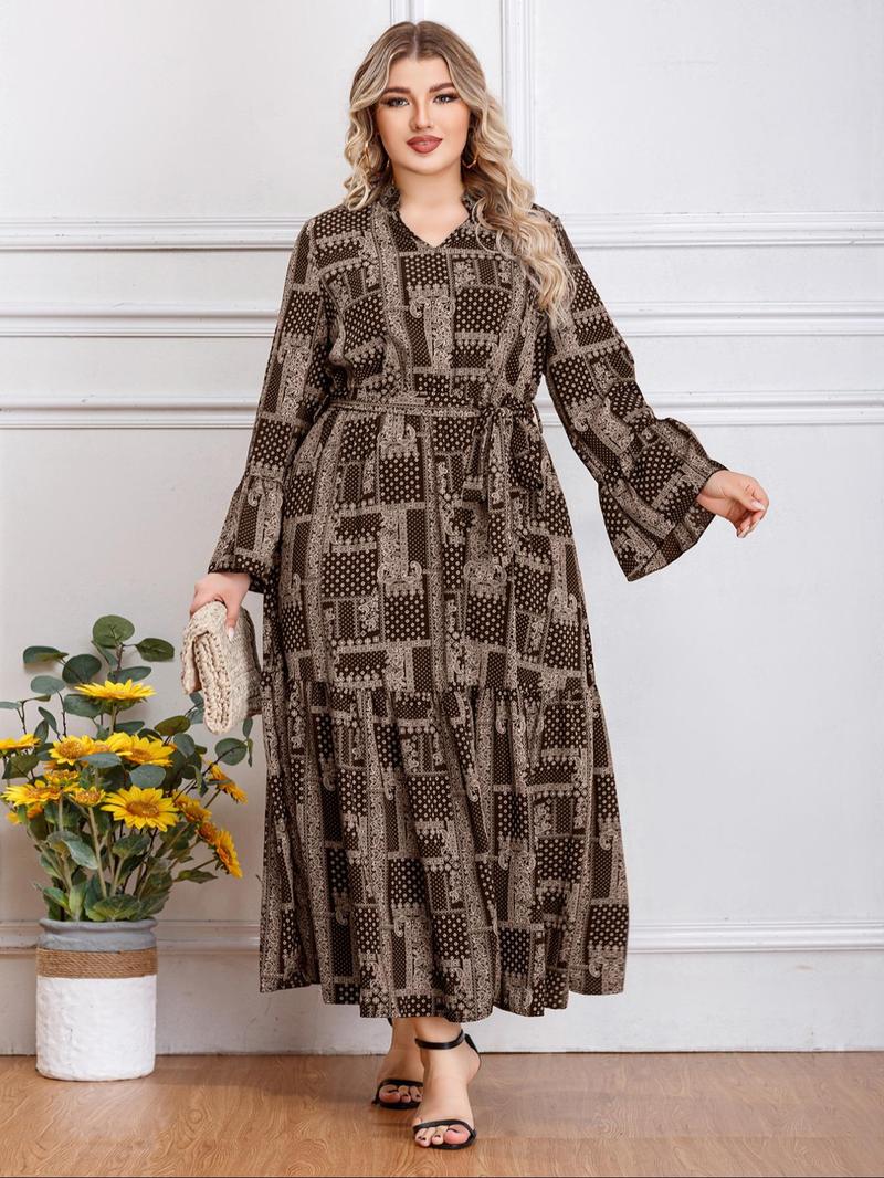 Product Introduction of 【Plus Size】 All Over Print Belted Notched Neck Dress, Elegant Flounce Sleeve Dress for Women, Women's Clothing for Summer 1