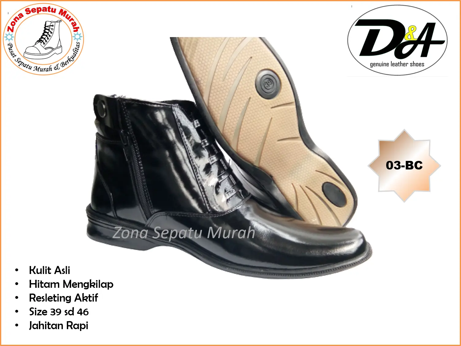 Sepatu PDH Kulit asli mengkilap seri 03BC merk D&A Boots Kerja Polri Hitam High Shoes