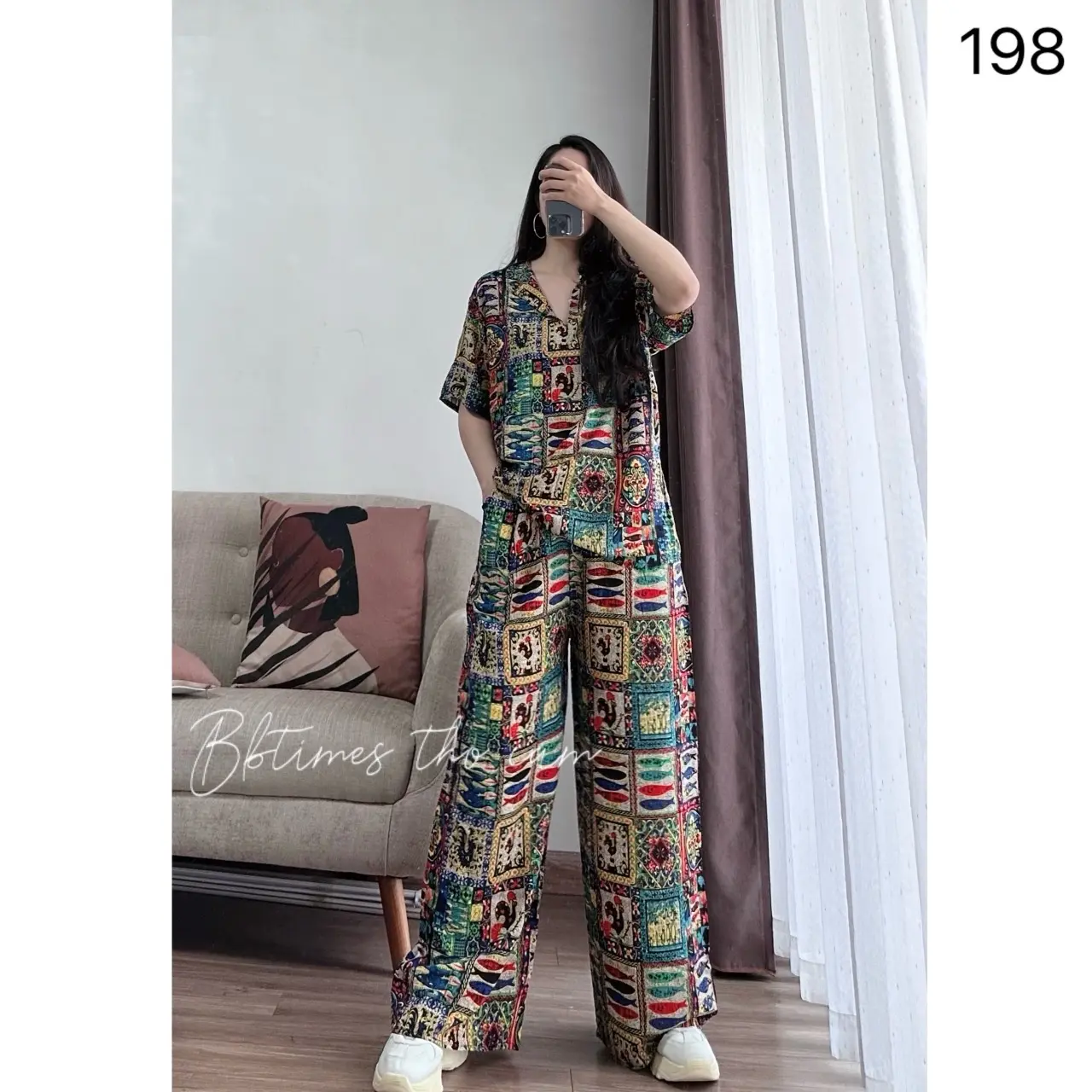 Bộ áo cộc quần ống rộng lanh thổ cẩm