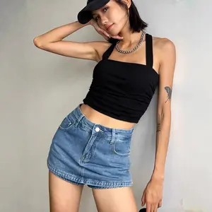 Celana pendek denim ukuran besar, rok denim, rok mini berpinggang tinggi