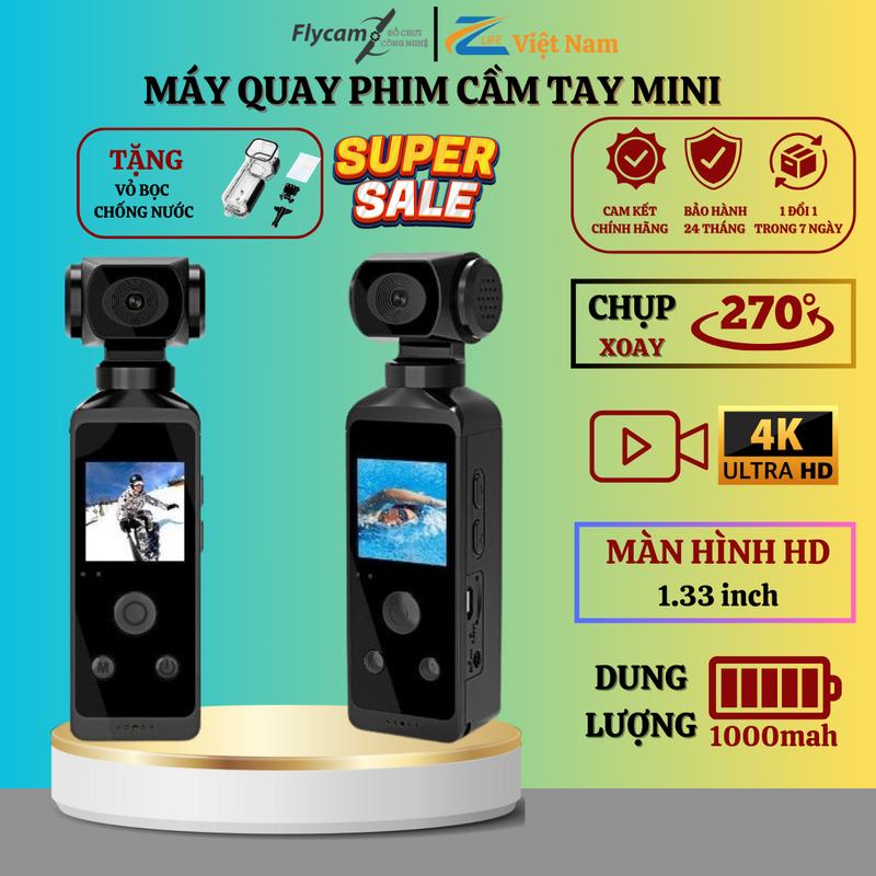 Máy Quay Phim Cầm Tay Mini 4K Đa Chức Năng, Xoay Chụp 270 Độ, Camera 4K, Màn Hình HD Có Độ Chống Rung Camere, Hỗ Trợ Thẻ Nhớ 64GB