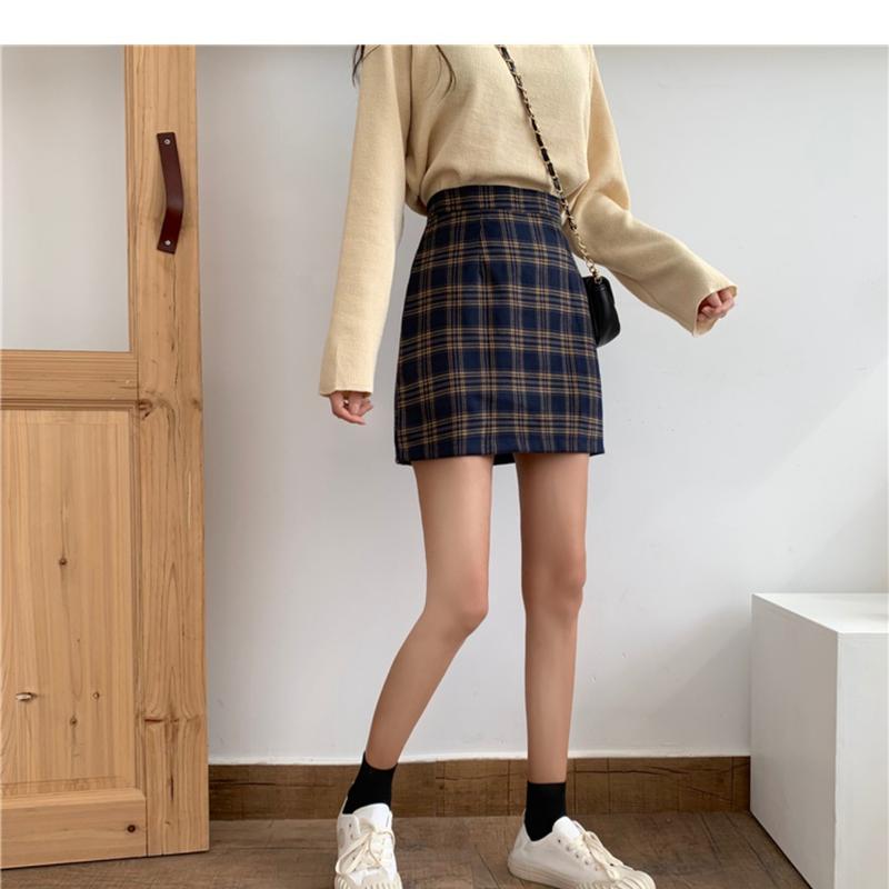 Product Introduction of Half length skirt, women's autumn outfit, new plaid bag buttacks half length skirt, black college style high waist slimming bag buttons A-line short skirt 14